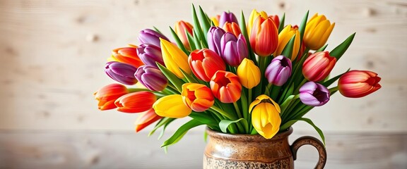 Vibrant bouquet of colorful tulips in a rustic vase, bouquet, object
