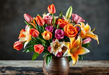 Vibrant bouquet of tulips, roses, and lilies in a rustic vase,  flower arrangement,  decorative