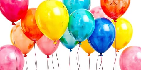 Watercolor-painted balloons in vibrant hues, floating against a white background,  cheerful,  delicate