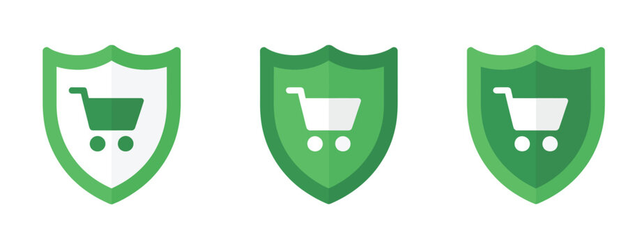 Three green shield icons with shopping cart symbols representing online shopping security and safety