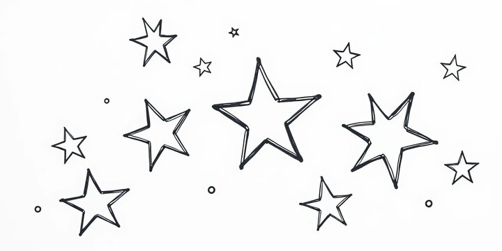 Whimsical, unevenly sized stars sketched in black ink on white paper,  cosmos,  simple