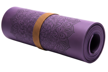Rolled up purple yoga mat with mandala pattern and carry strap isolated on a transparent background