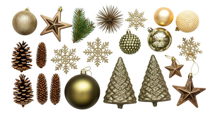 Festive christmas ornaments with pine cones, stars, snowflakes and christmas trees isolated on transparent background, creating a joyful and elegant holiday decoration arrangement