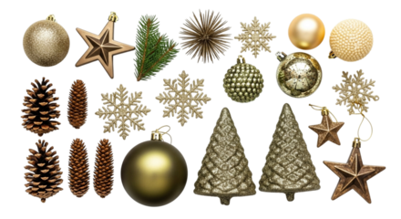 Festive christmas ornaments with pine cones, stars, snowflakes and christmas trees isolated on transparent background, creating a joyful and elegant holiday decoration arrangement