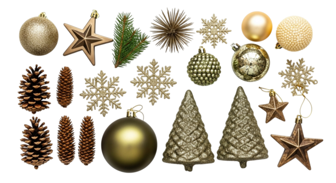 Festive christmas ornaments with pine cones, stars, snowflakes and christmas trees isolated on transparent background, creating a joyful and elegant holiday decoration arrangement
