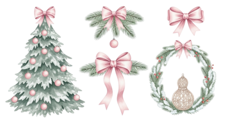 Watercolor christmas set isolated on transparent background fir tree with pink balls, bows, wreath and fir branches hand drawn illustration for greeting cards, invitations