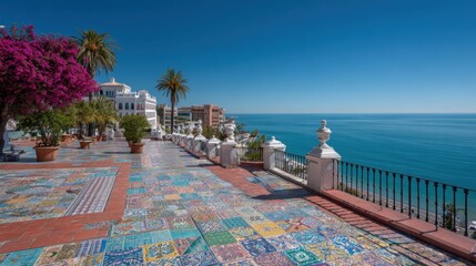 Fototapeta premium Colorful tiles and blooming bougainvillea create a stunning view overlooking the serene ocean.