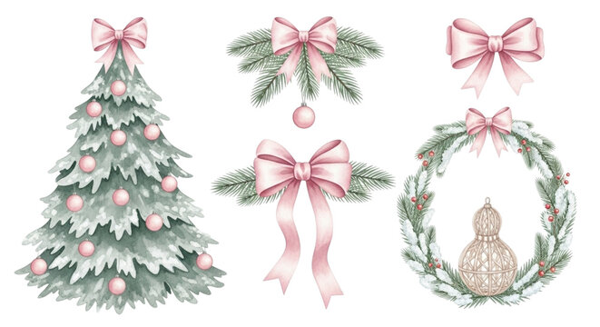 Watercolor christmas set isolated on transparent background fir tree with pink balls, bows, wreath and fir branches hand drawn illustration for greeting cards, invitations