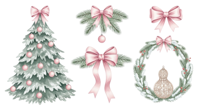 Watercolor christmas set isolated on transparent background fir tree with pink balls, bows, wreath and fir branches hand drawn illustration for greeting cards, invitations