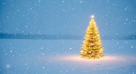 Festive Christmas Tree Illuminated in Snowy Winter Scene with Soft Flurries for Holiday Celebrations and Seasonal Decor