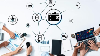 Digital wallet icons show mobile payment, digital wallet transfer, and online banking. Digital wallet supports secure payment, cashless transactions, and financial integration. Funnel - Powered by Adobe