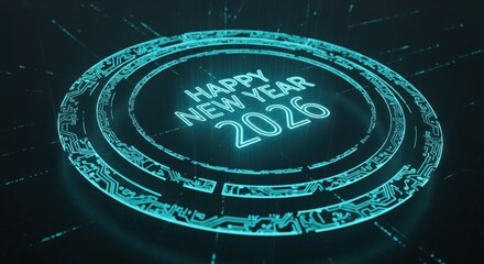 Happy new year 2026 digital circuit board blue glowing design