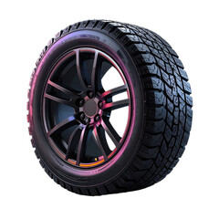 Obraz premium A rugged all-terrain vehicle tire mounted on a stylish alloy wheel against a black background.