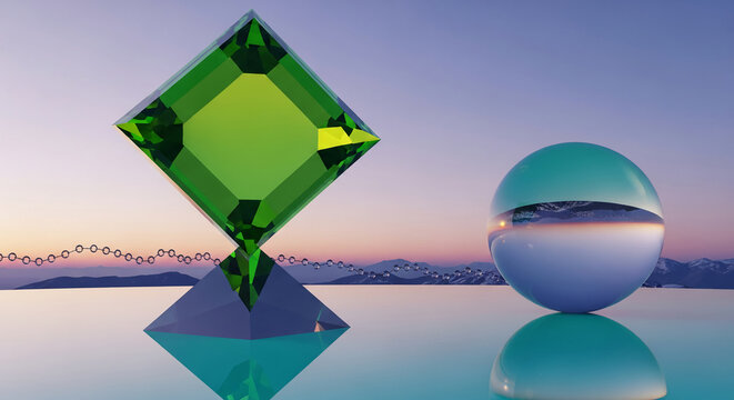 Image shows a green diamond shape and blue sphere on a reflective surface, set against a mountain landscape, suggestive of abstract art or conceptual design