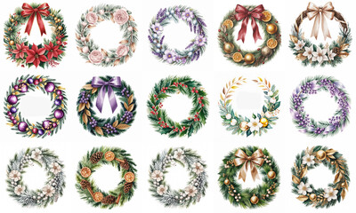 Watercolor Christmas wreath collection featuring festive florals, ribbons, pine greenery, and seasonal ornaments on white background for holiday design projects