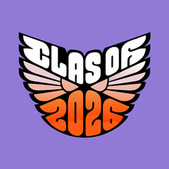 A retroinspired emblem for the class of 2026, showcasing winged design in warm orange tones against a soft lavender background, perfect for graduation