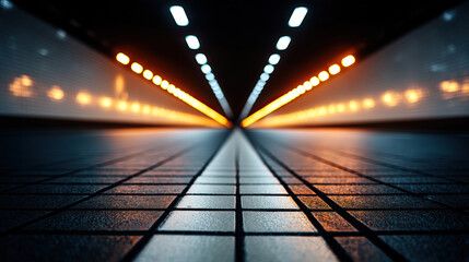 Low angle tile floor leading to vanishing point in illuminated tunnel with warm and cool lights creating dramatic blur and reflective texture