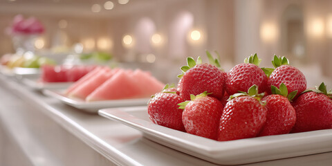 Fresh strawberry platter watermelon slices elegant buffet display vibrant fresh fruit platter corner lively event atmosphere