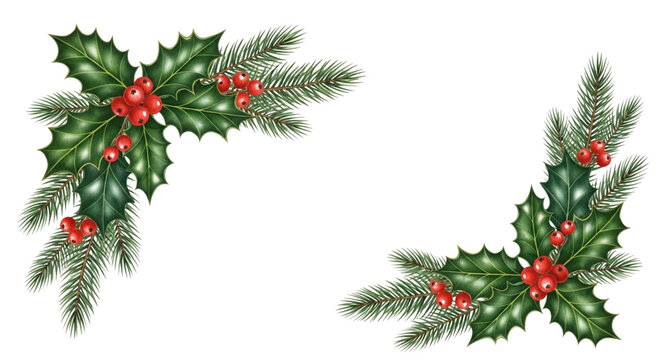 Christmas corner decoration with holly leaves, red berries, and fir branches isolated on transparent background, perfect for adding a festive touch to your designs - Powered by Adobe
