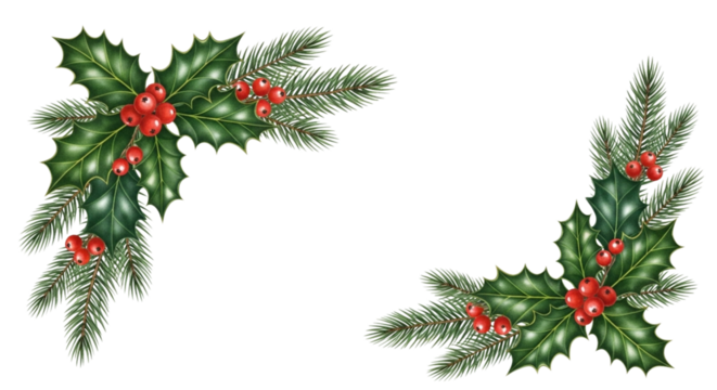 Christmas corner decoration with holly leaves, red berries, and fir branches isolated on transparent background, perfect for adding a festive touch to your designs