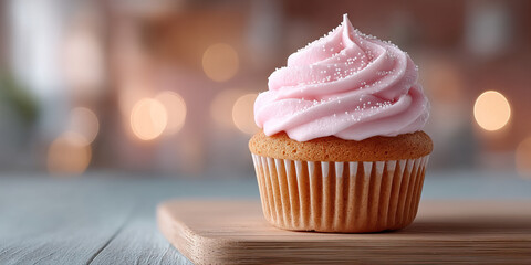 Pink frosting cupcake with sugar sprinkles on wooden board bokeh background soft lighting celebration dessert