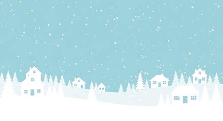 Peaceful Winter Village Scene with Snowfall and Cozy Homes Amid Pine Trees, Perfect for Holiday and Seasonal Designs