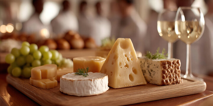 Soft artisanal cheese board with brie, swiss wedge, blue cheese, sliced cheddar and grapes on wooden platter at elegant buffet with wine glasses and blurred guests - Powered by Adobe