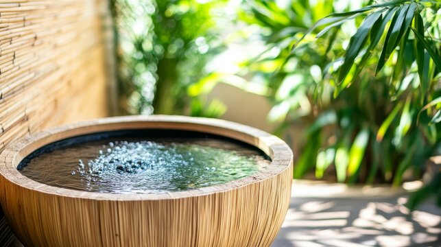 Zen Water Feature Bamboo Fountain with Bubbles in Lush Garden, fountain , zen garden