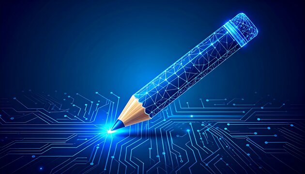 Futuristic digital pencil draws on circuit board with glowing light.