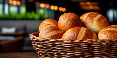 Fresh bread roll basket warm golden crust soft interior lively bokeh dining background cozy table scene