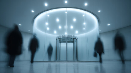 Blurred corporate lobby glass revolving door with silhouettes walking under circular ceiling lights, cool blue tones create moody motion and anonymity