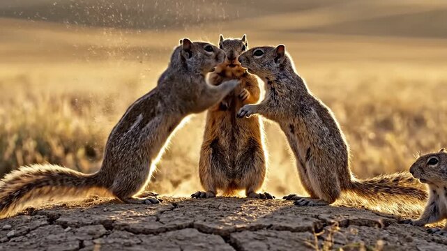 Golden hour light highlights three ground squirrels interacting closely on dry earth.