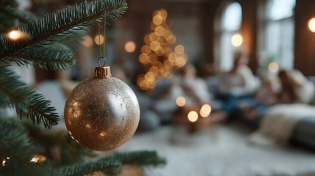 Gold Christmas ornament hanging on fir branch with blurred family and warm bokeh lights in cozy living room holiday scene - Powered by Adobe