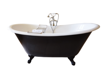 Vintage claw foot black and white bathtub isolated on white or transparent background, png cut out