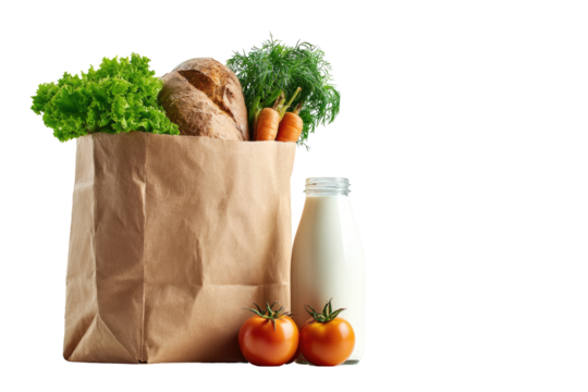 Brown paper grocery bag filled with fresh produce and bread, next to a milk bottle