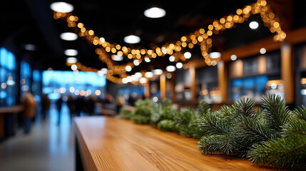 Blurred decorated cafe interior with guests walking past bokeh lights evergreen garland wooden counter festive market indoor seating warm lighting shallow depth of field cozy atmosphere