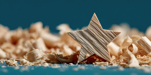 Wooden star sawdust wood shavings carpentry craft woodworking ornament natural texture warm tone