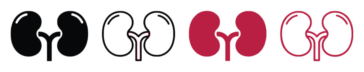 kidney, organ, human anatomy, medical, health, biology, icon, symbol, illustration, black, white, outline, red, silhouette, set, collection, science, healthcare, nephrology, urology, internal organs, 