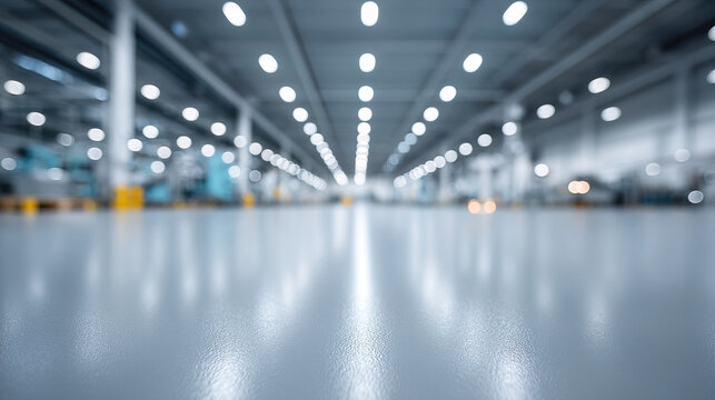 Blurred factory floor warehouse interior industrial lighting polished concrete shallow depth of field production hall