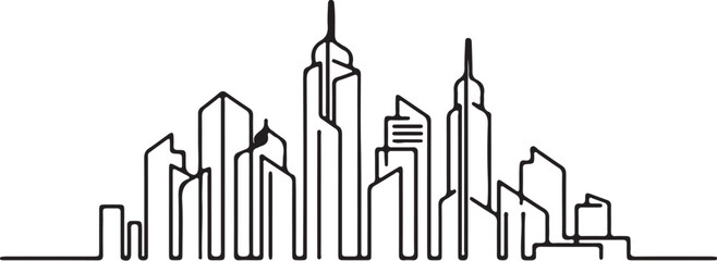 Minimalist Line Art Cityscape Silhouette with Tall Buildings Keywords: cityscape, skyline, city, buildings, architecture, urban, modern, tall, skyscraper, silhouette, line on transparent background