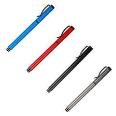 Blue, red, grey, silver, black set  Metal Pen with Black Clip and Cap, beautiful close-up top view on png background
