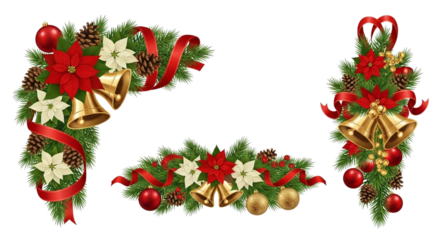 Christmas decorations isolated on transparent background festive corner and swag arrangements with red poinsettias, golden bells, pine cones, red ribbons, and baubles for holiday cheer