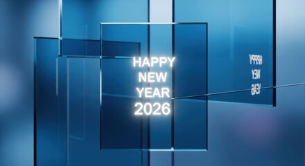 Happy new year 2026 glowing text on abstract blue glass panels