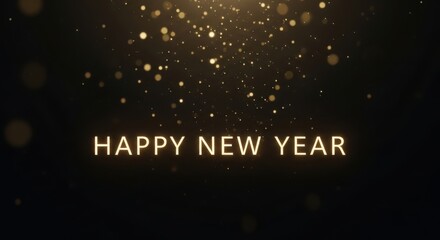 Happy new year glowing text and golden particles festive celebration.