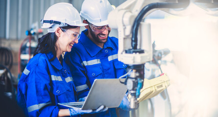 Engineers mechanic using computer controller Robotic arm for welding steel in steel factory...