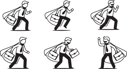 Six Dynamic Black and White Illustrations of a Businessman with a Cape and Briefcase in Motion superhero on transparent background