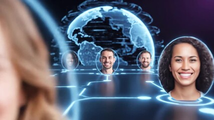 A woman in the foreground with a blurred face, connected to smiling faces and a digital globe. - Powered by Adobe