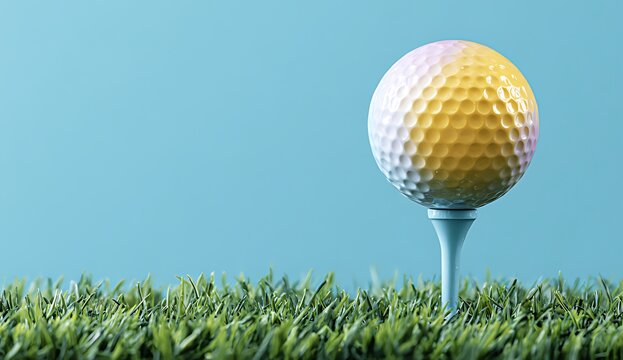 A vibrant golf ball rests on a tee amidst lush green grass