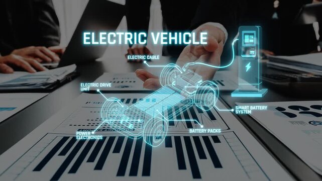 This image showcases innovative electric vehicle technology featuring detailed components and diagrams, representing a sustainable future in the automotive industry. Raster