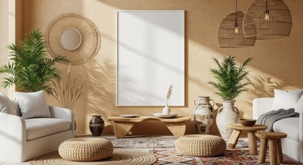 Bohemian Living Room Interior with Blank Frame Mockup and Natural Light.